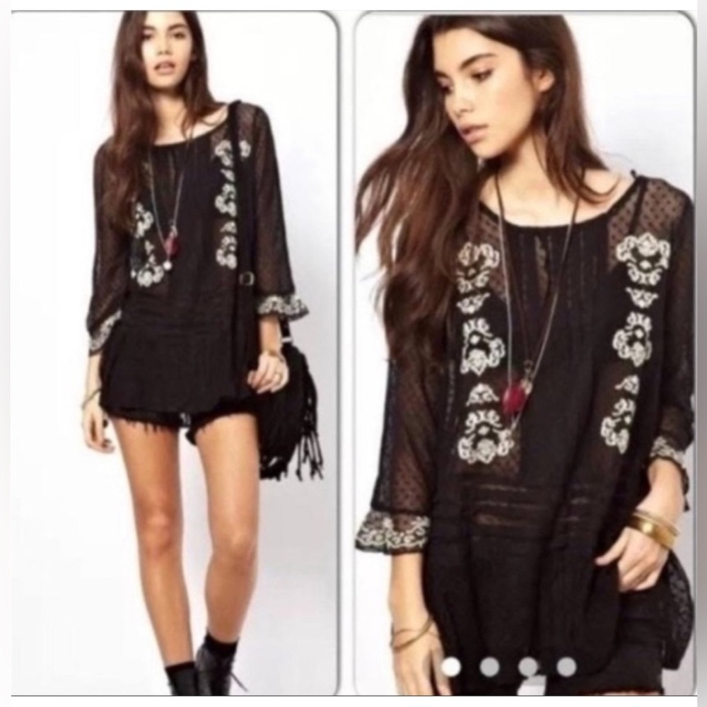 Free People Jocelyn Sheer Mesh Lace Embroidered Tunic Black Size Small - Picture 3 of 10